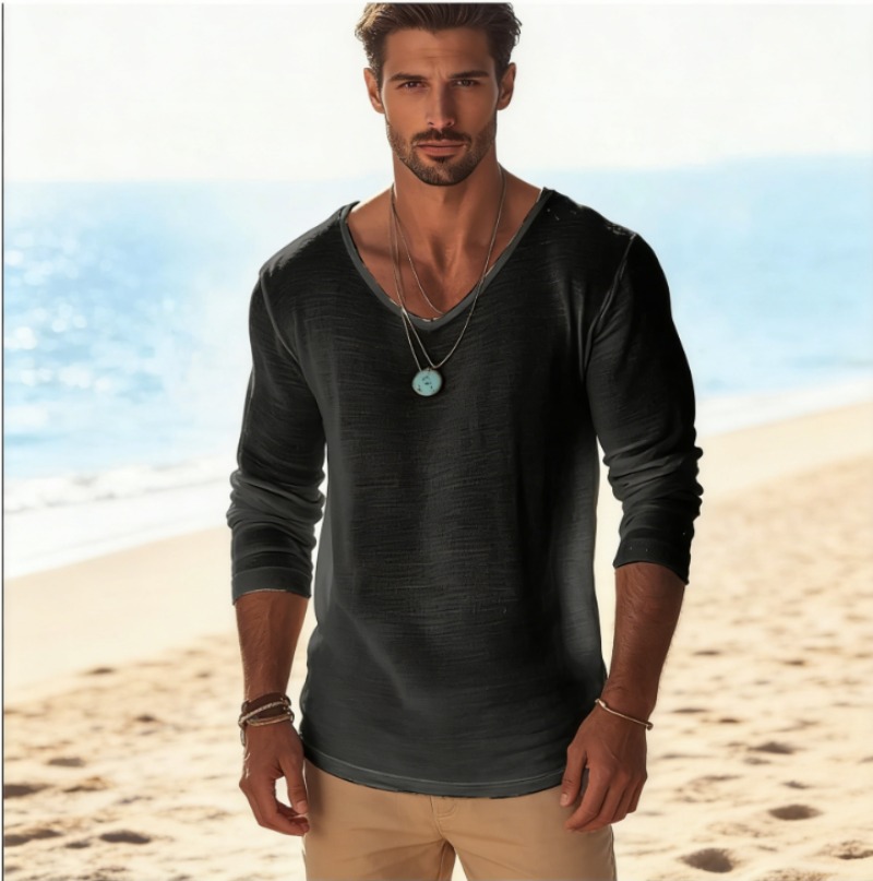 Linen Shirt Breathable - تي شيرت رجالي كاجوال برقبة على